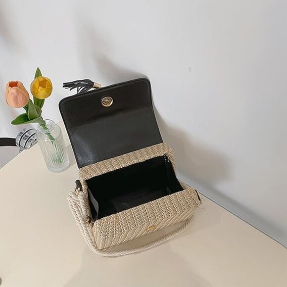 Neiman Marcus Black Straw & Leather Flap Gold Hardware Crossbody - Picture 2 of 5